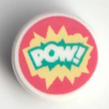 Tile Round 1 x 1 with 'POW', Dark Turquoise/Bright Light Yellow Outline on Coral Background print