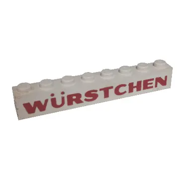Brick 1 x 8 with 'Würstchen' ('Wurstchen') Thick Red Print