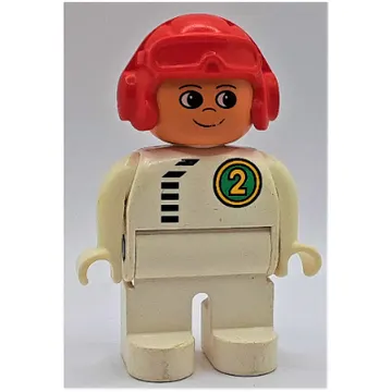 Duplo Figure, Early, Aviator Hat Red, White Legs, Top with Black Zipper and Racer #2 in Green Circle Print