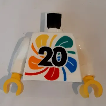 Torso with Multi-colored Flower, '20', 'LEGO World 2023' on Back print, White Arms, Yellow Hands