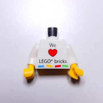 Torso with 'We Heart LEGO bricks' / LEGO Logo, 'KLADNO LEGO Production s.r.o.' Print, White Arms, Yellow Hands