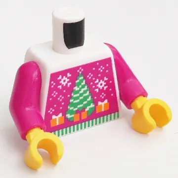 Torso, Christmas Sweater with White Decorations, Christmas Tree, Snowman, Gifts Print, Magenta Arms, Yellow Hands