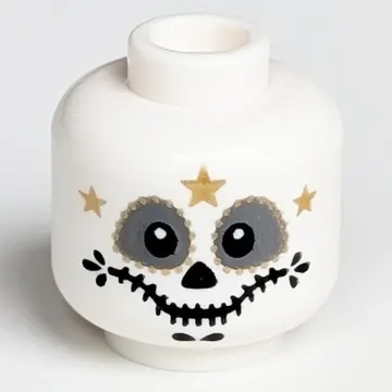 Minifig Head Skeleton, Catrin/Mariachi, Dark Bluish Gray Round Eyes, Gold and Black Decorations Print