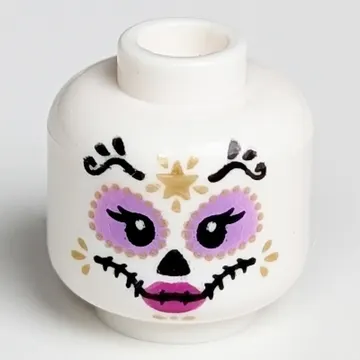 Minifig Head Skeleton, Catrina, Medium Lavender Round Eyes, Dark Pink Lips, Gold and Black Decorations Print