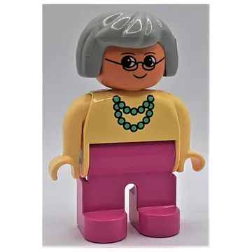 Duplo Figure, Early, Hair Bob Light Gray, Dark Pink Legs, Light Green Necklace, Glasses Print