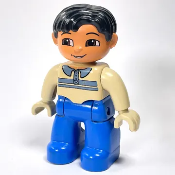 Duplo Figure Side Parted Hair Black, with Blue Legs, Shirt with Collars Print, Brown Eyes, Tan Hands