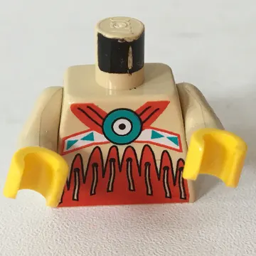 Torso Buckskin Tunic with American Indian Decorations, Red on Bottom and Fringe Print, Tan Arms, Yellow Hands