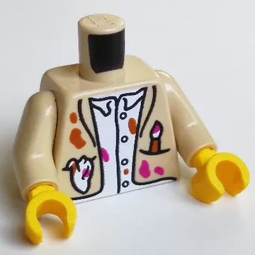 Torso Jacket, White Shirt, Magenta and Dark Orange Paint Splotches, Brush Print, Tan Arms, Yellow Hands