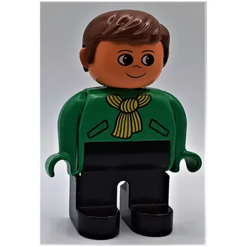 Duplo Figure, Early, with Short Parted Hair Brown, Black Legs, Yellow Scarf Print