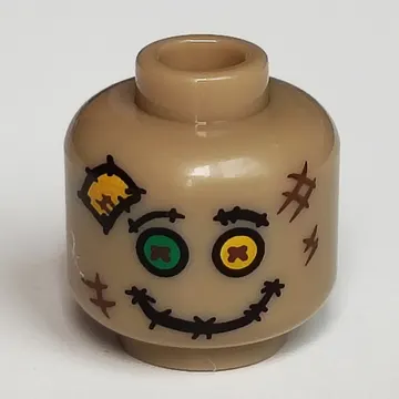 Minifig Head Scarecrow, Yellow and Green Buttons for Eyes, Stitched Mouth Print