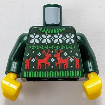 Torso, Christmas Sweater with White/Bright Green Decorations, Red Reindeer print, Dark Green Arms, Yellow Hands