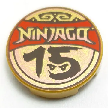 Tile Round 2 x 2 with NINJAGO on Red Banner, Black '15' with Face print