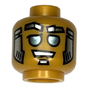 Minifig Head Bass Bot, Blue Eyes, Silver and Gold Sideburns and Goatee print