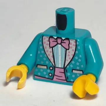 Torso Jacket, Dotted Bright Pink Collar, Bright Light Blue and White Striped Shirt, Dark Pink Bow Tie print, Dark Turquoise Arms, Yellow Hands