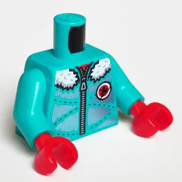 Torso Jacket with Zipper and White Fur Trim and Hood, Silver Decorations Print, Dark Turquoise Arms, Red Hands