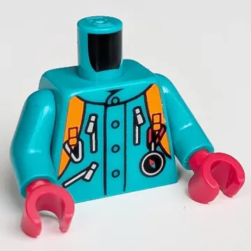 Torso Jacket, Zipper Pockets, Orange Backpack Print, Dark Turquoise Arms, Red Hands