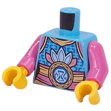 Torso, Light Blue and Dark Pink Feathers, Dark Pink and Gold Sash, Dark Blue Hourglass on Light Blue Circle, Dark Blue Decorations print, Dark Pink Arms, Yellow Hands