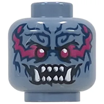 Minifig Head Oni Warrior, Dark Purple Eyes, Magenta/Dark Blue Markings, White Sharp Teeth, Fangs