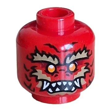 Minifig Head Dragonian Warrior, Dark Red Scales, Orange Eyes, Dark Tan Eyebrows, Facial Hair, White Fangs, Flames on Back