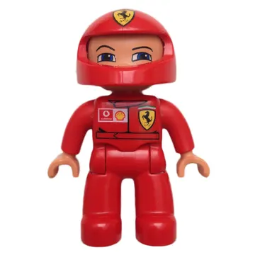 Duplo Figure with Helmet, Red Legs, Nougat Hands, Ferrari, Vodaphone, and Shell Logos Print