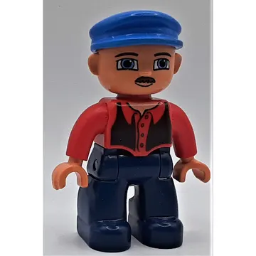 Duplo Figure with Cap Blue, Dark Blue Legs, Black Vest, Mustache Print