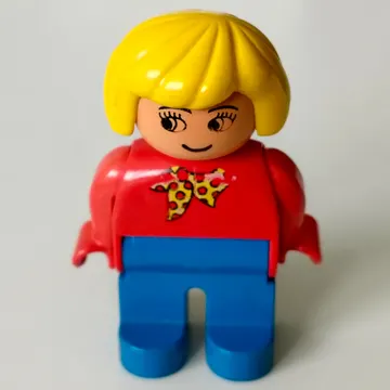 Duplo Figure, Early, Hair Bob Yellow, Blue Legs, Yellow Scarf with Red Dots Print