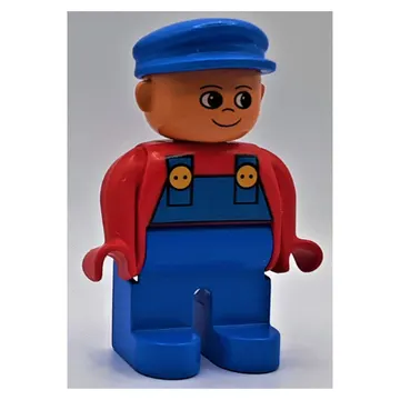 Duplo Figure, Early, with Flat Cap Blue, Blue Legs, Blue Overalls, Turned Up Nose Print