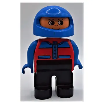 Duplo Figure, Early, Helmet Blue, Black Legs, Blue Arms, Jacket with Zipper, Pockets, and Blue Shoulders Print