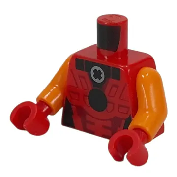 Torso, Dark Red Armor, Black Circle, Light Bluish Grey Technic Bush print, Orange Arms, Red Hands