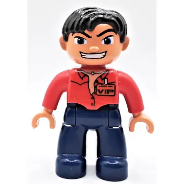 Duplo Figure Side Parted Hair Black, Dark Blue Legs, Open Shirt with 'VIP' Badge Print