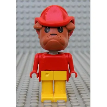 Fabuland Figure Bertie Bulldog with Brown Head, Red Torso, Arms and Hands, Yellow Legs and Red Fireman Helmet