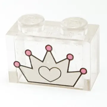Brick 1 x 2 without Bottom Tube and White / Dark Pink 5-point Crown Print
