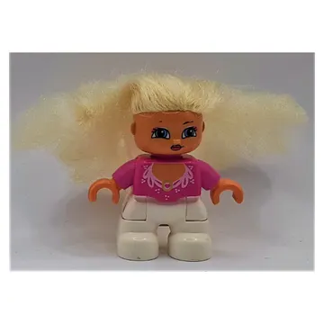 Duplo Figure with Soft Hair White, White Legs, Ornate Bright Pink Collar Print