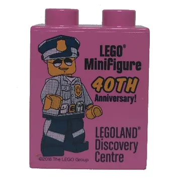 Duplo Brick 1 x 2 x 2 with 'LEGOLAND Discovery Centre LEGO Minifigure 40TH Anniversary!' Police Officer Print