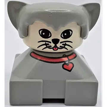 Duplo 2 x 2 x 2 Figure Brick, Hair with Cat Ears Light Gray, White Face with Round Eyes and 2 Whiskers Print
