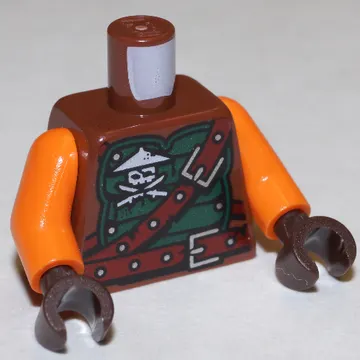Torso Green Armor with Belts, Ninja Skull with Crossed Swords and Scabbards Print, Orange Arms, Dark Brown Hands