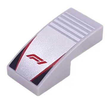 Brick Curved 2 x 1 No Studs with Red 'F1', Red Lines, Black Triangles on Silver Striped Background print
