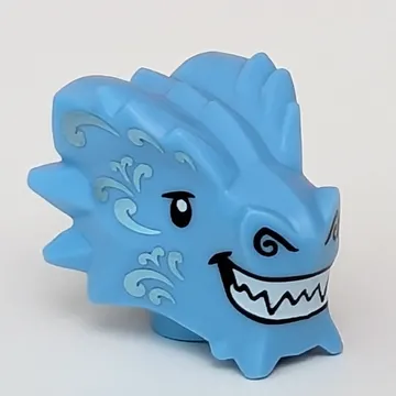 Minifig Head Special, Metal Dragon with White Teeth Grin, Bright Light Blue Markings print