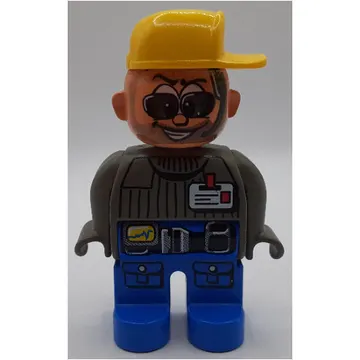 Duplo Figure, Early, Cap Yellow, Blue Legs, ID Badge with Belt, Sunglasses Print (Action Wheeler)