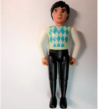 Belville Figure Fixed Elbows, Male, Black Hair, Black Legs, White Arms, Light Lime, Sky Blue, and White Argyle Top