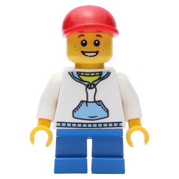 Boy, White and Blue Hoodie, Short Blue Legs, Red Cap