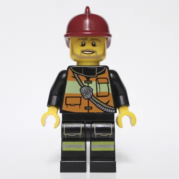 Fireman, Orange Safety Vest with Radio, Dark Red Helmet, Beard