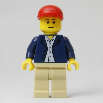Man, Open Dark Blue Jacket, Tan Legs, Red Cap