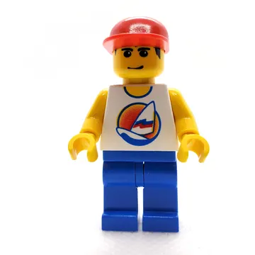 Man, White Tank Top with Windsurfer, Blue Legs, Red Cap