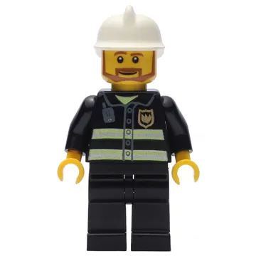 Fireman, Black Fire Jacket with Reflective Stripes, Radio, and Badge, White Helmet, Angular Beard