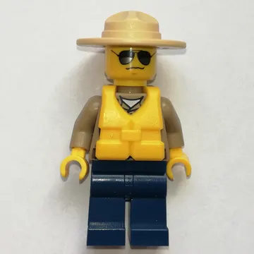 Forest Police / Ranger, Dark Tan Shirt with Radio and Badge, Dark Blue Legs, Tan Campaign Hat, Yellow Life Vest, Sunglasses