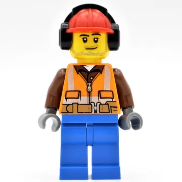 Construction Worker, Orange Safety Vest with Zipper over Reddish Brown Shirt, Blue Legs, Red Hard Hat with Ear Defenders, Stubble