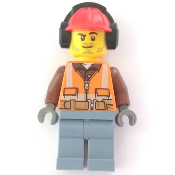 Construction Worker, Orange Safety Vest with Zipper over Reddish Brown Shirt, Sand Blue Legs, Red Hard Hat with Ear Defenders, Stubble