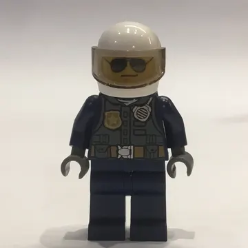 Policeman Tony Maverick, Dark Bluish Gray Vest with Radio and Badge over Dark Blue Shirt, White Helmet with Visor, Sunglasses