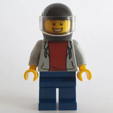 Man, Light Bluish Gray Hoodie over Dark Red Shirt, Dark Blue Legs, Black Helmet with Visor
